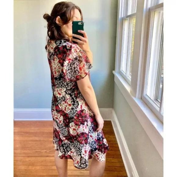 Vintage 90s Floral Rose Ruffle Flutter Cottagecore Chiffon Dress - Picture 6 of 10